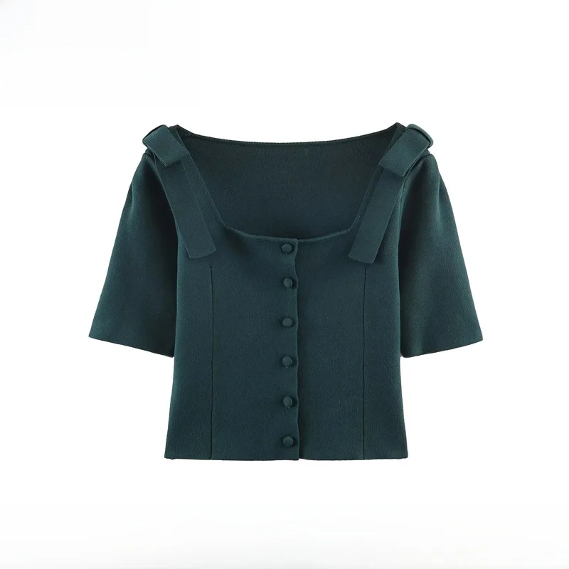 

Новый женский вязаный кардиган EVEA с бантом на плече, модный, с коротким рукавом, из полиэстера, с квадратным воротником, на пуговицах