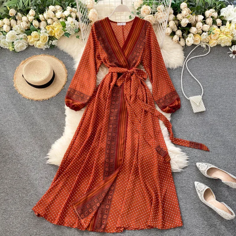 New Fashion Women Chiffon Dress Ladies Printed Lace-up Waist maniche lunghe telai vita Slim Style Swing Long a-line Dress