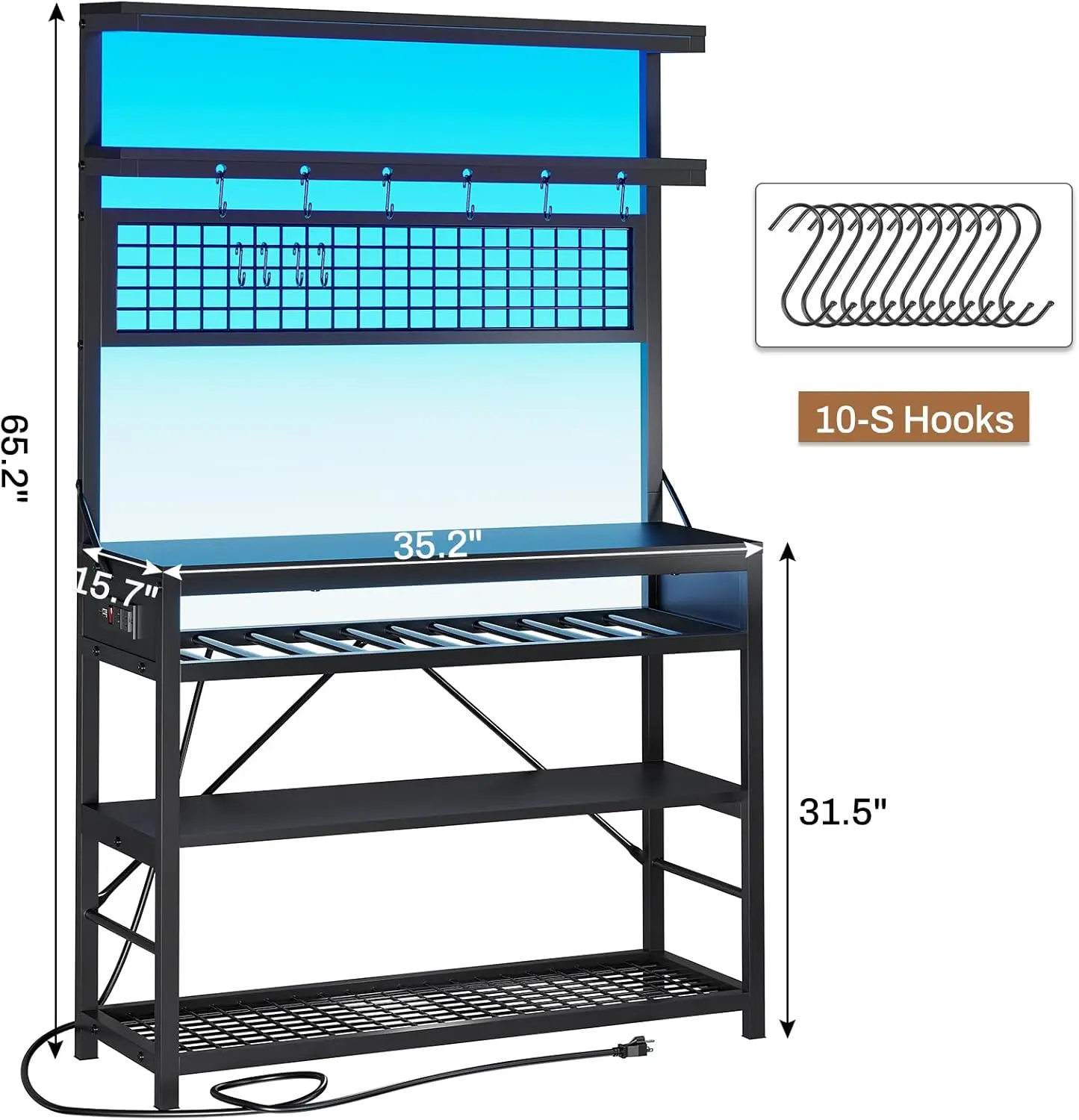 Rack per panettieri con presa di corrente, Bar a 6 livelli, supporto per microonde con portabottiglie, luci a LED e 10 ganci, rastrelliere per panettieri fo