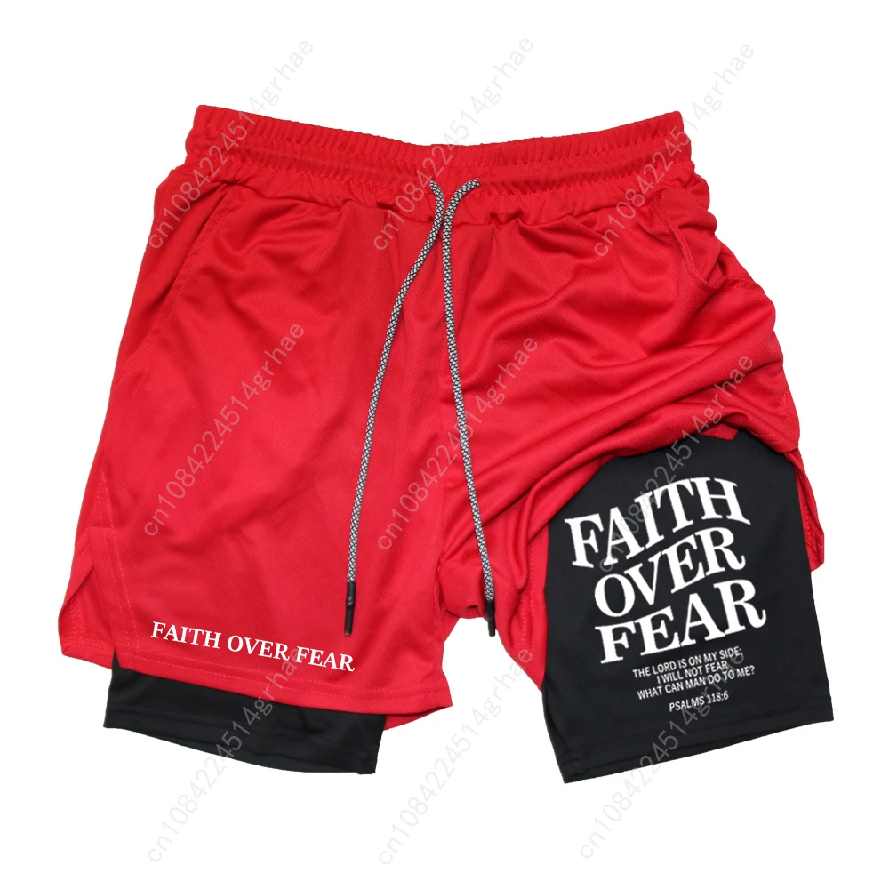 Men's Workout Running Shorts Dual Layer Summer Athletic Faith Over Fear Letter Print Shorts For Training Outdoor Sports Summer