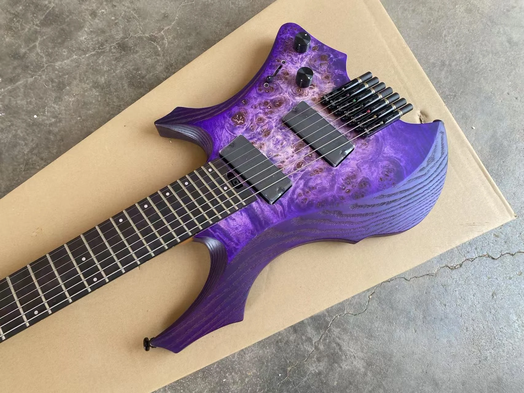 7 String Purple Headless Electric Guitar Ash Body Burl Maple Top Fanned Frets, Active Pickups, 9 Piece Roasted Maple Neck