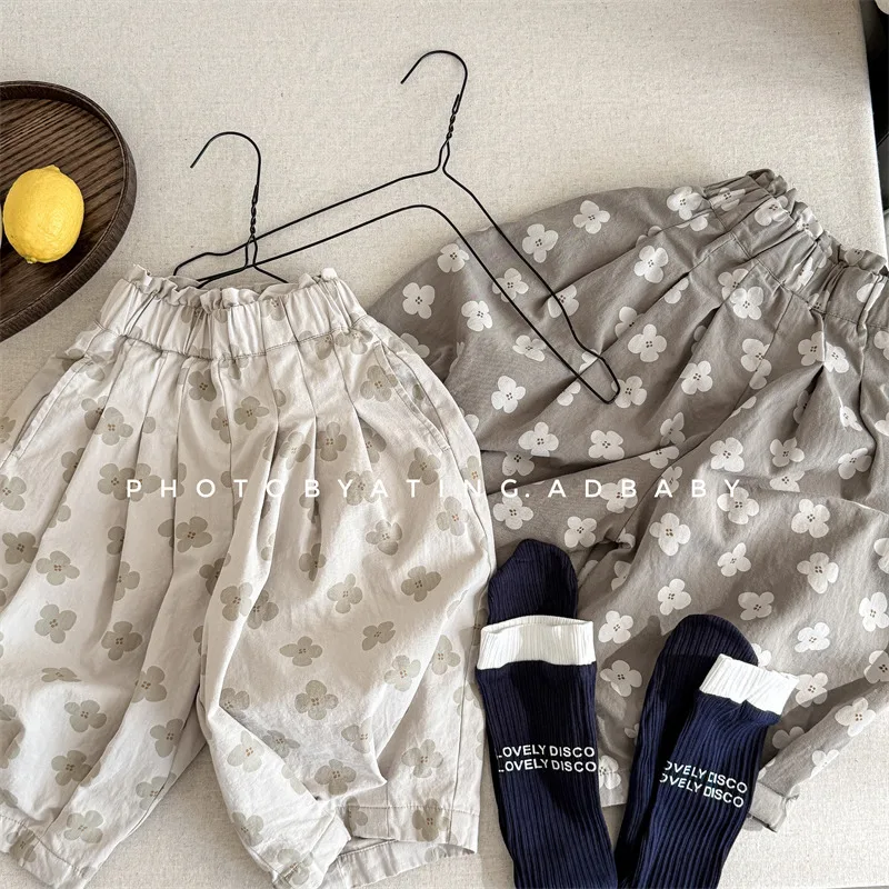 2026 Autumn Kids Baby Girl Trousers 1-6Yrs Toddler Girls Floral Print Casual Pants Elastic Waist Loose Infant Girls Cropped Pant