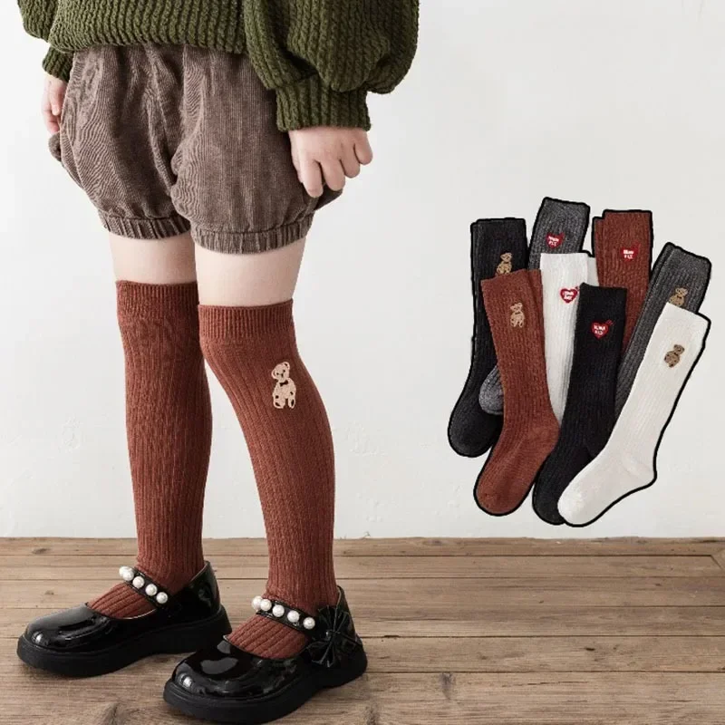 Children Baby Korean Cartoon Bear Heart Stitch Knee High Long Socks Autumn Spring Solid Color Stockings for For Girl Boys Cheap