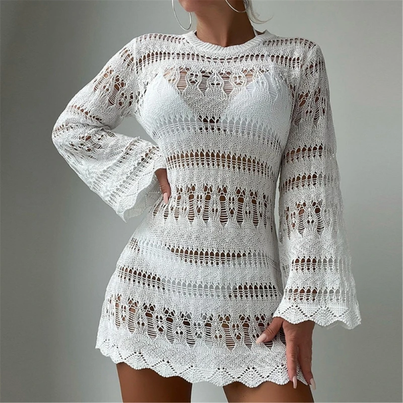 

Long Sleeve Crochet Beach Coverup Hollow Out Bathing Suit Wrap Dress