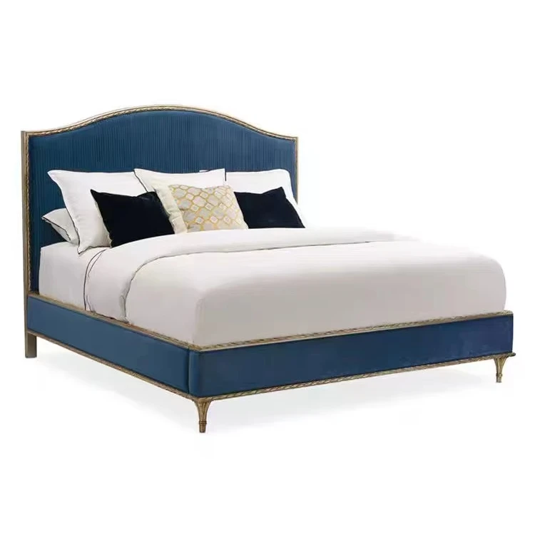 

！@European Style Solid Wood Carved 1.5m Princess Bed for Bedroom Villa Hotel Furniture European Classic Velvet Wooden Soft Bed