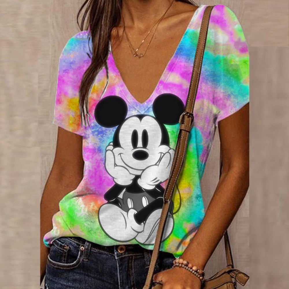 Fashion Mickey Mouse Print Casual V-neck Top Tee Shirt Women Black White T-shirtWomen T Shirt Harajuku Short Sleeves T shirts