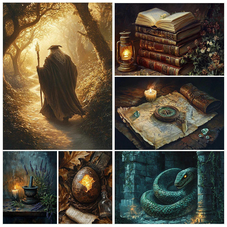 Pósteres mágicos antiguos vintage, brújula de navegación, impresiones de huevos encantados, pintura en lienzo, imágenes artísticas de pared, decoración para el hogar y la sala de estar