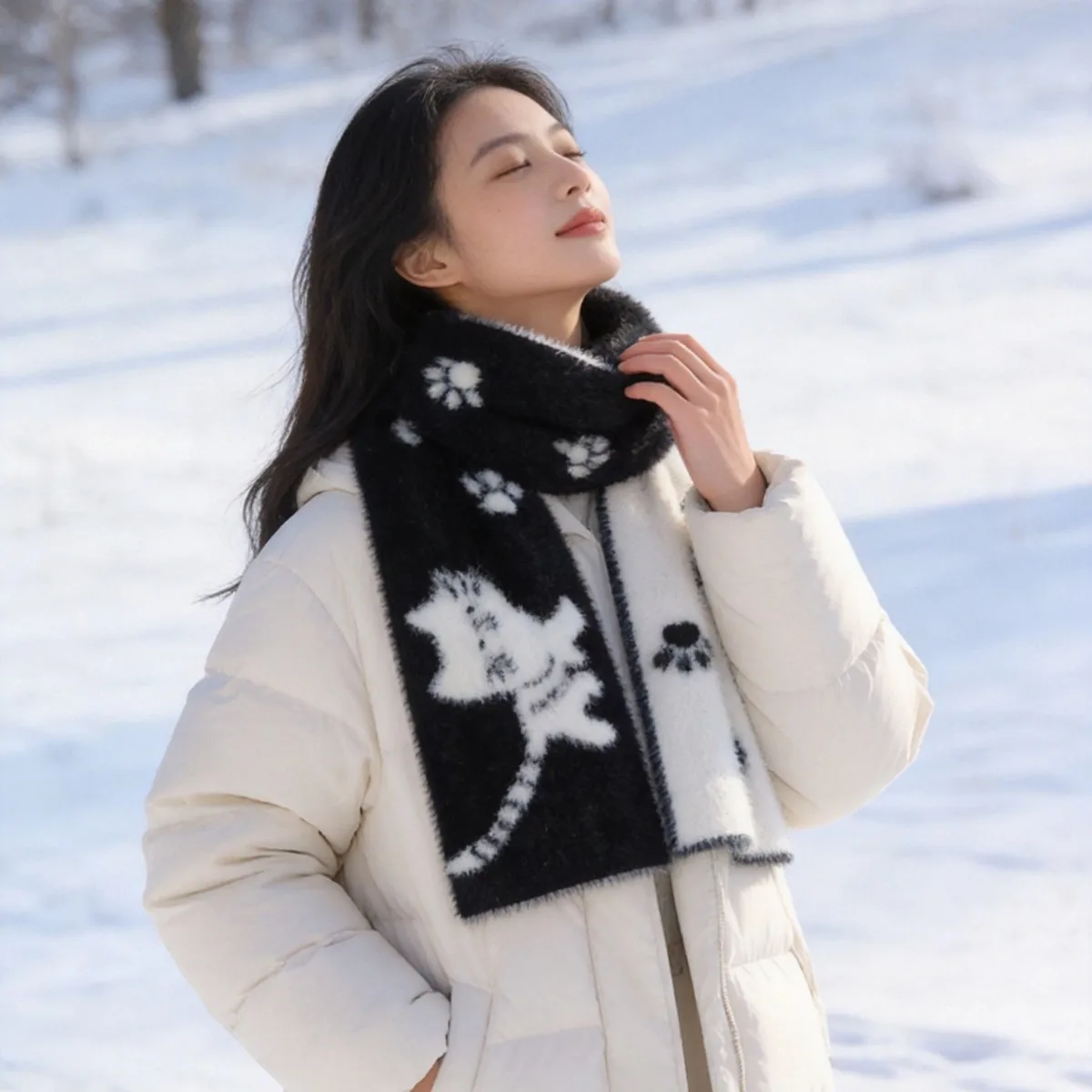 Autumn Winter Jacquard Knit Scarf Warm Soft Sweet Cute Cat Print Thick Versatile Neckwarmer Wholesale Luxury Brand Scarf Wrap