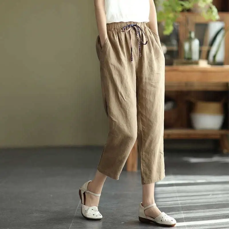 Women Summer Simplicity Loose Temperament Solid Color High Waist Harem Women Clothes Casual All-match Refreshing Cropped Pants