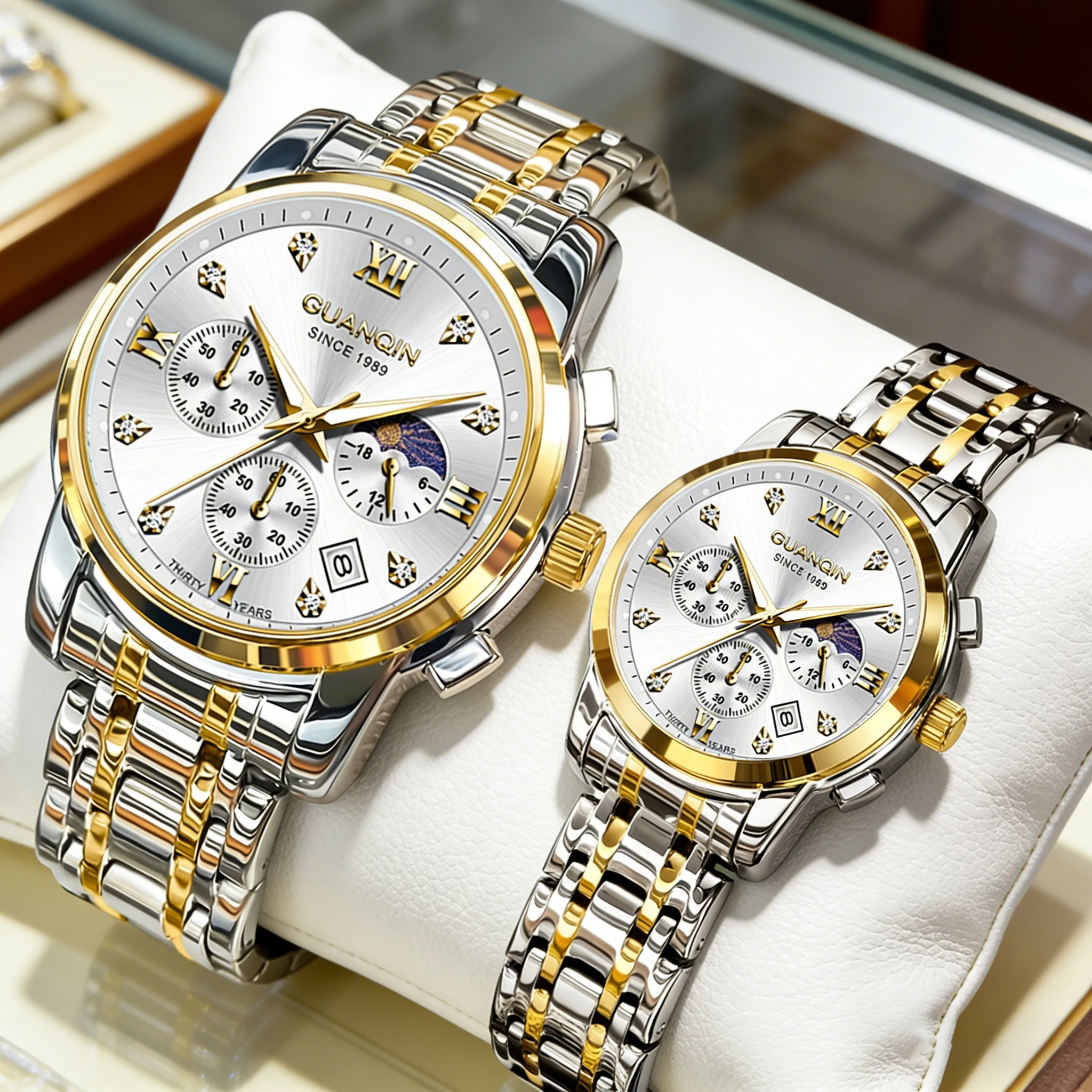 

Часы GUANQIN для пар, роскошные модные оригинальные кварцевые наручные часы для влюбленных, с фазами Луны, светящейся датой, водонепроницаемые, с хронографом