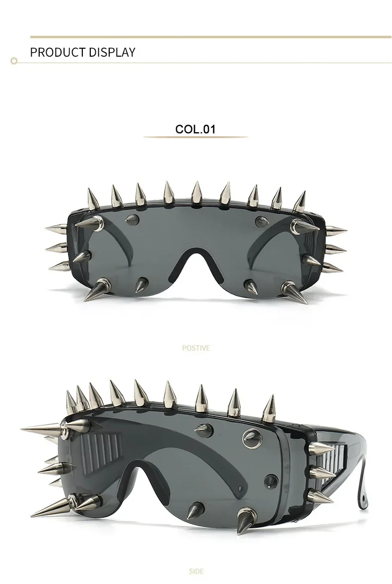 Steampunk Y2K Sonnenbrille mit großem Rahmen und Nieten für Damen und Herren, Vintage Punk Luxusmarke Designer Sonnenbrille Trend Einteilige Gläser – Detail 6