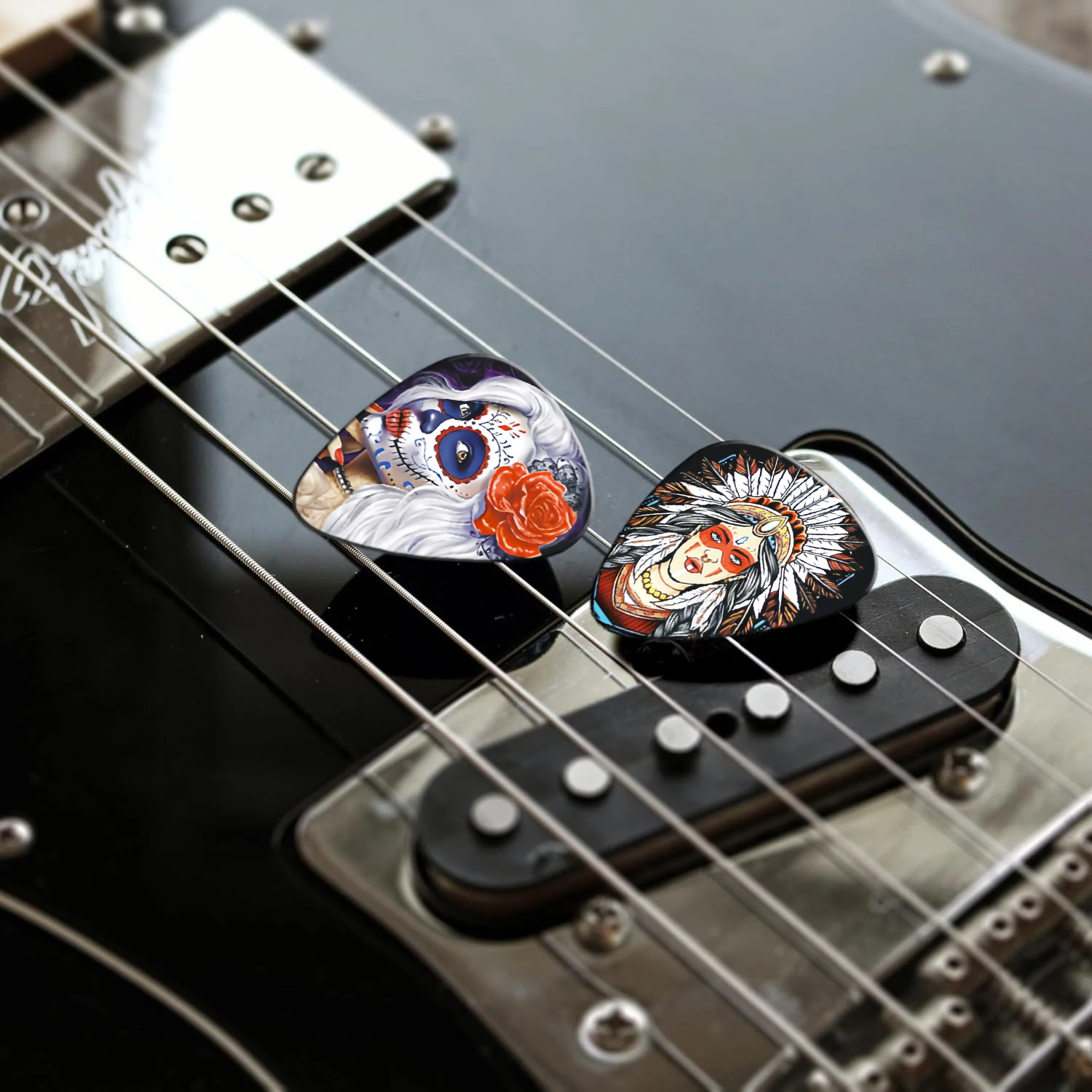 12-teiliges Einzigartiges Buntes Bedrucktes ABS-Gitarrenplektren-Set mit Metallbox, Langlebige Plektren für E-Gitarre & Bass, Zubehör-Geschenkset – Detail 8