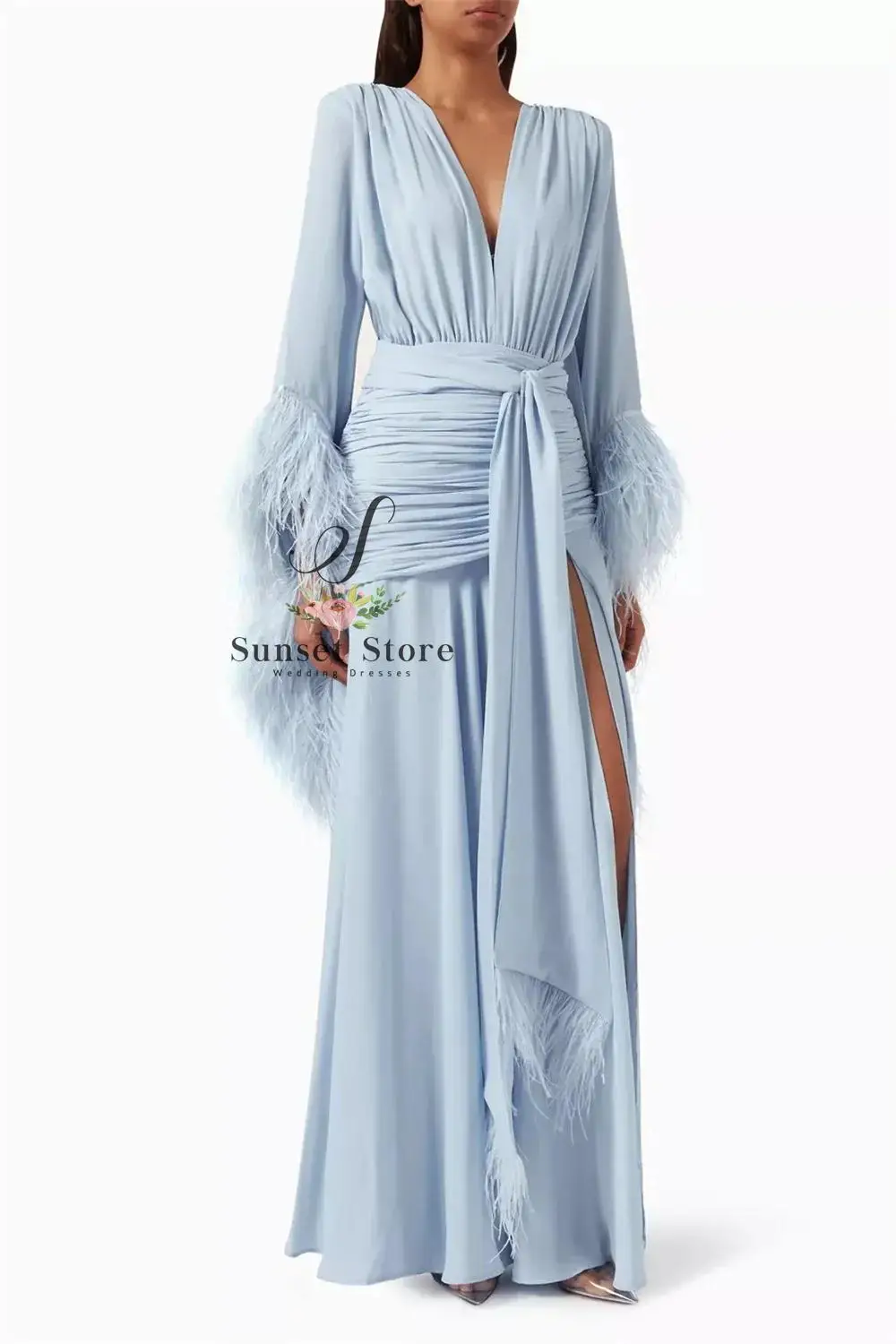

Customized Evening Dress V-Neck Feather Long Sleeves Elegant Evening Gowns Cascading Chiffon Ruffle Party Dresses
