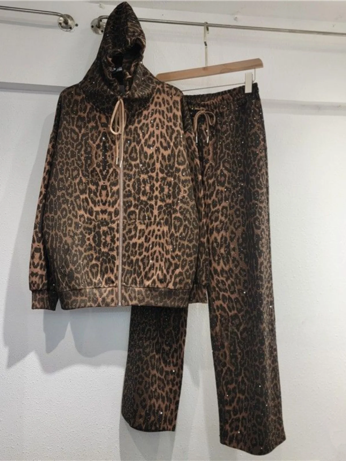 

Casual Leopard Print Hooded Two-Piece Set Women's Spring Autumn Loose Open Cardigan Zipper Set Large Size European Goods