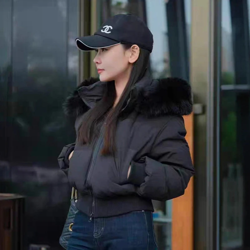 

Winter Hooded Natural Fur Collar Short Down Jacket Women White Duck Down Parker Outwears Female Double Zipper Casual Jackets