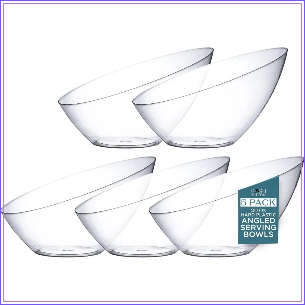 

Premium Disposable Hard Plastic Medium Angled Bowls, 5-Pack for Parties, Salads, Snacks & Fruit