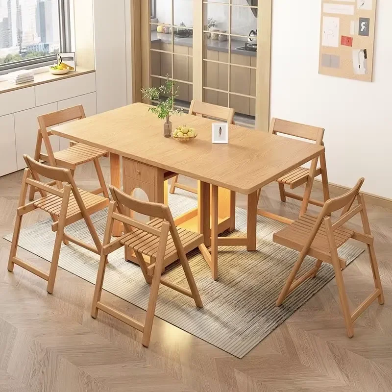 Folding Dining Table Set with Drop-leaf Extendable Gate-leg Solid Wood Oak Drawer Storage and Folding Chairs for Small Space