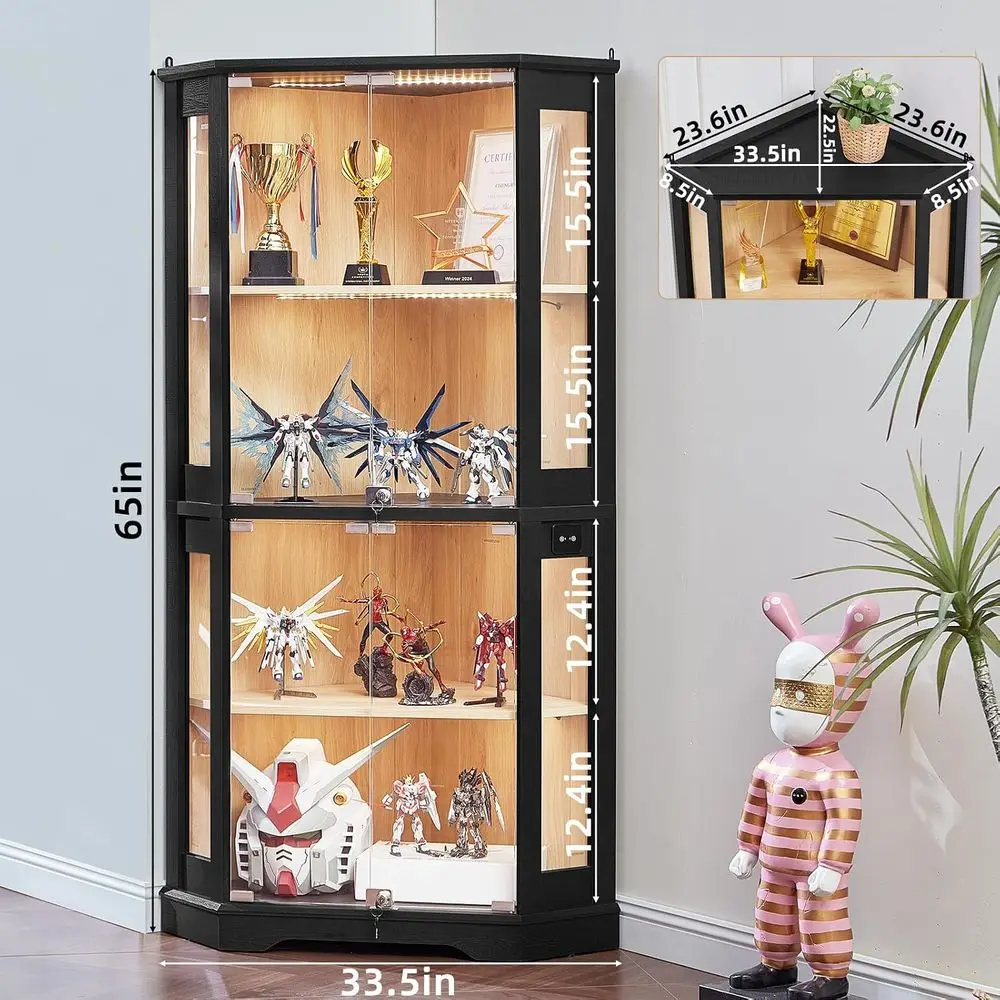 Display Cabinet with Lock, Black | Glass Cabinet with Door, 3-Color Motion-Sensor Light & Reinforced Base