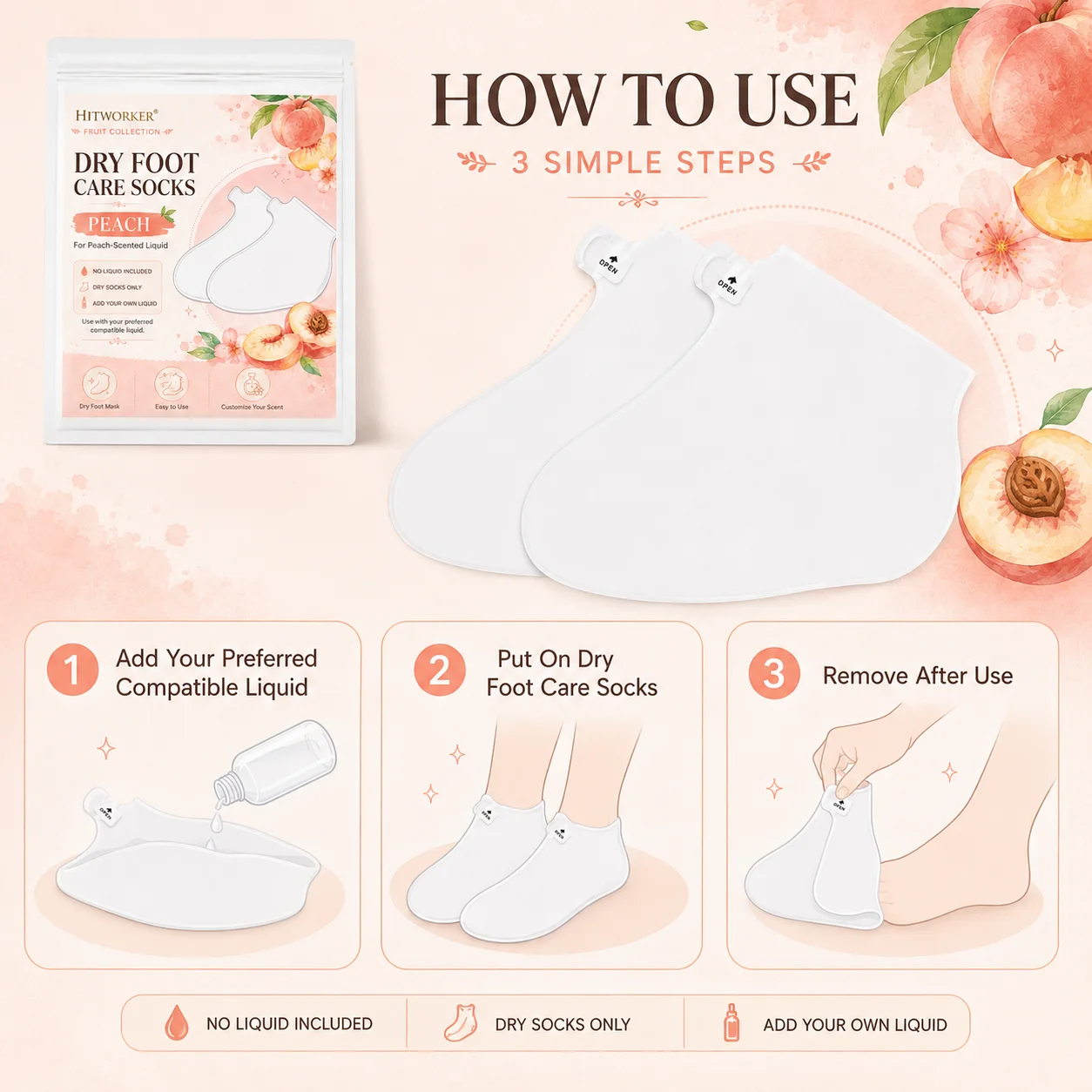 2 Pairs 4PCS Dry Foot Care Socks, Peach Design DIY Foot Cover Socks, No Liquid Included, Home Foot Care
