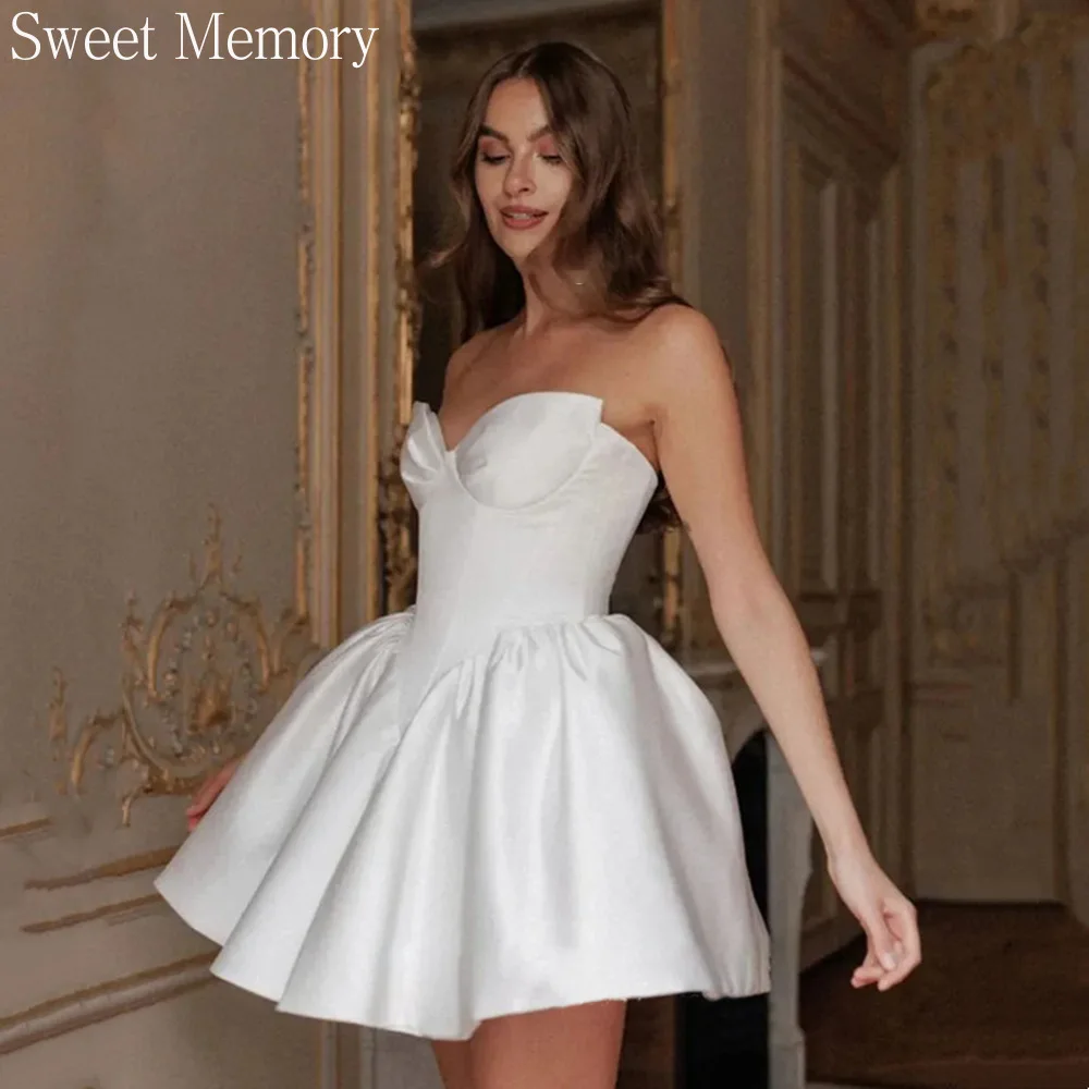 

M3145 Индивидуальное короткое свадебное платье без бретелек из атласа, белое, без рукавов, А-силуэт, на шнуровке, сексуальное, для вечеринок