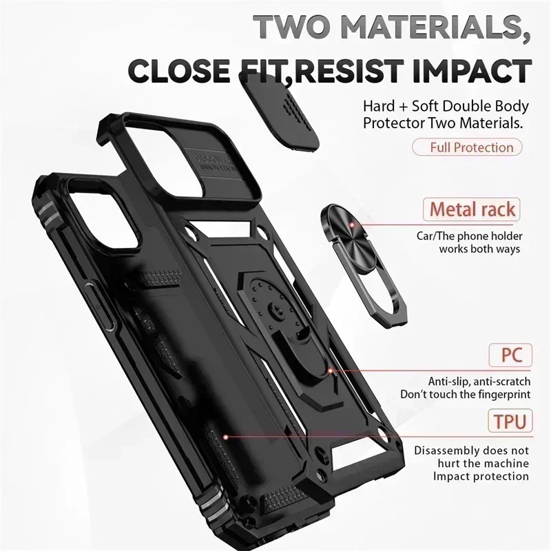 Ring Stand Rotating Slide Camera Lens Military Grade Armor Case for iPhone 17 16 E 14 13 12 11 15 Pro Max Plus Mini Cover