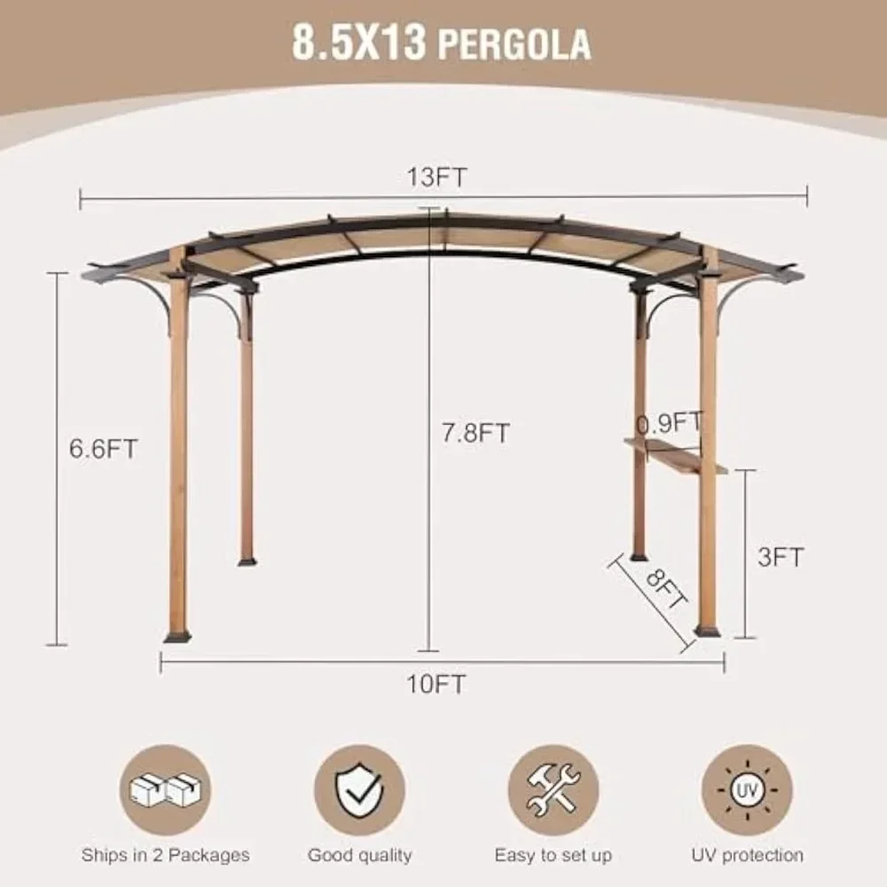 Awning8.5' x 13'Outdoor Pergola, Metal Gazebo with Arched Top Canopy,Shelves,Bar Top,Natural Wood Looking Frame for Backyard