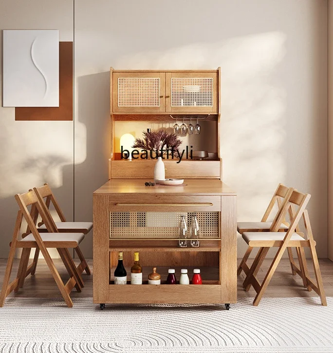 Small Apartment Solid Wood Dining Tables and Chairs Set Household Folding Dining Table Side Cabinet Integrated Retractable