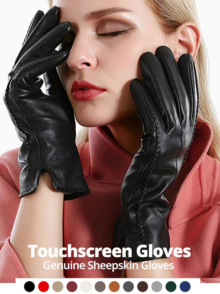 Guantes clásicos de moda para mujer, guantes ligeros y cálidos para pantalla táctil, cuero para conducir, piel de oveja, diseño de roscado,