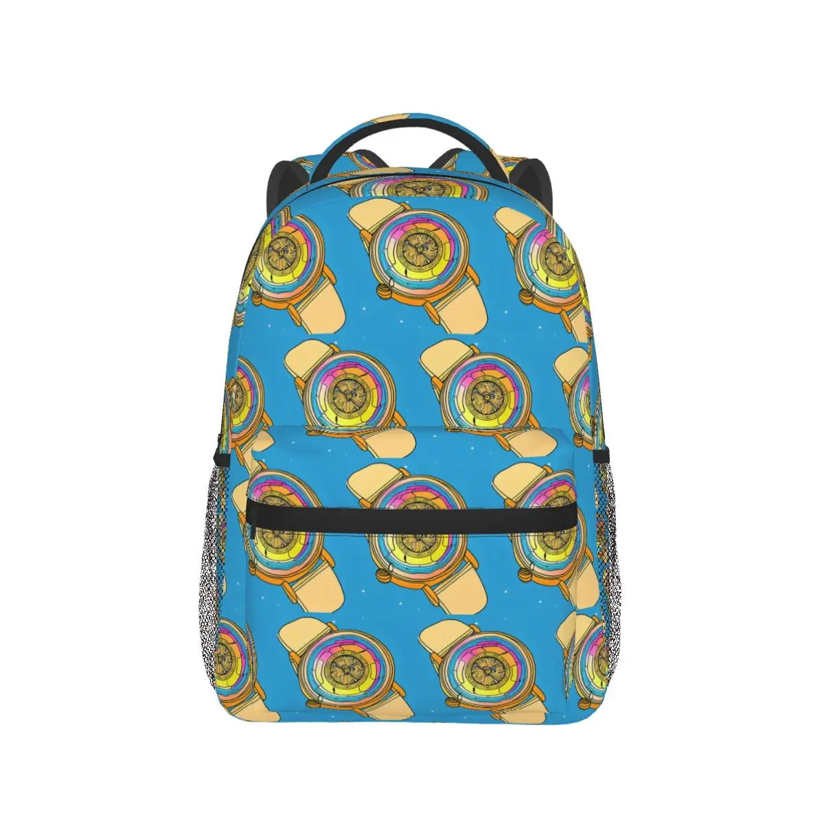 

Colorful Watch Drawing, Square Format Blue Background Backpack Daypack Large Capacity Children BookBag School Bag Shoulder Bags