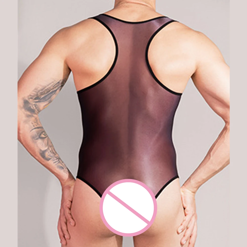 Mens Sexy Stretchy Bodysuit Sheer Leotard Thong Solid See Through Swimwear Bikini High Elastic Ultra Thin Jumpsuit Erotic Linger