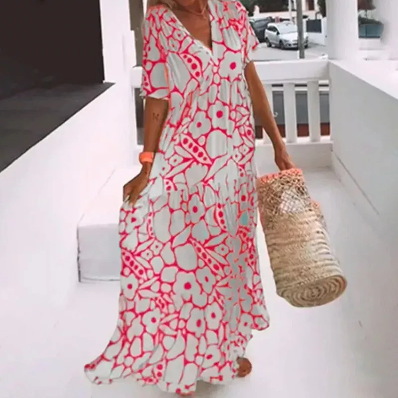 Summer Women's Printed Short-sleeved Dress Fashion Floral V Neck High Waist Loose Maxi Dress Holiday Beach Swing Sundress