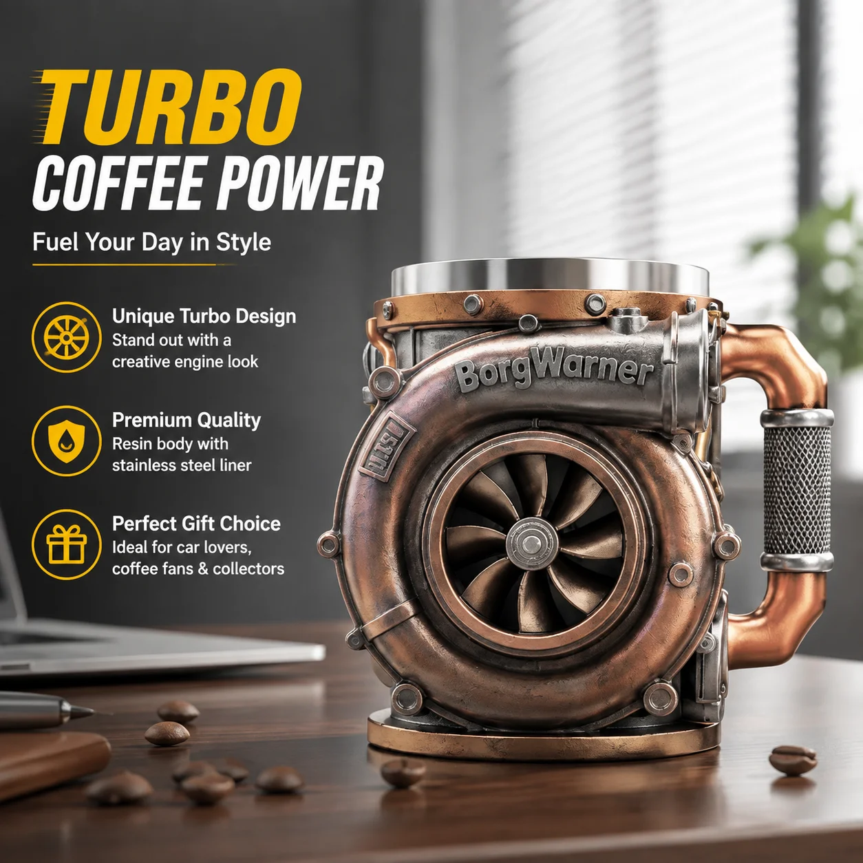 Creative Engine Turbo Design Resin Stainless Steel Tumbler Unique Office Coffee Cup Personalized Home Drinkware Gift for Car