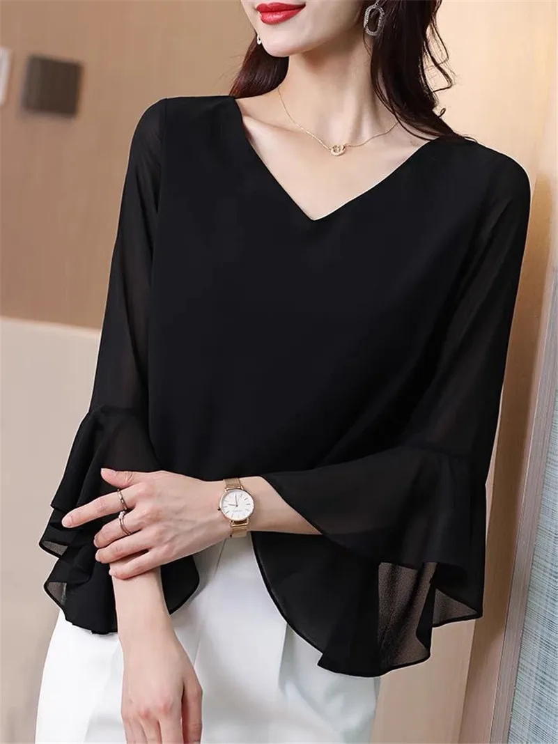 2026 Spring Chiffon Solid Tops Women Vintage Blouse Causal Summer V neck Tops flare Sleeve Shirts blusas mujer de moda 2025