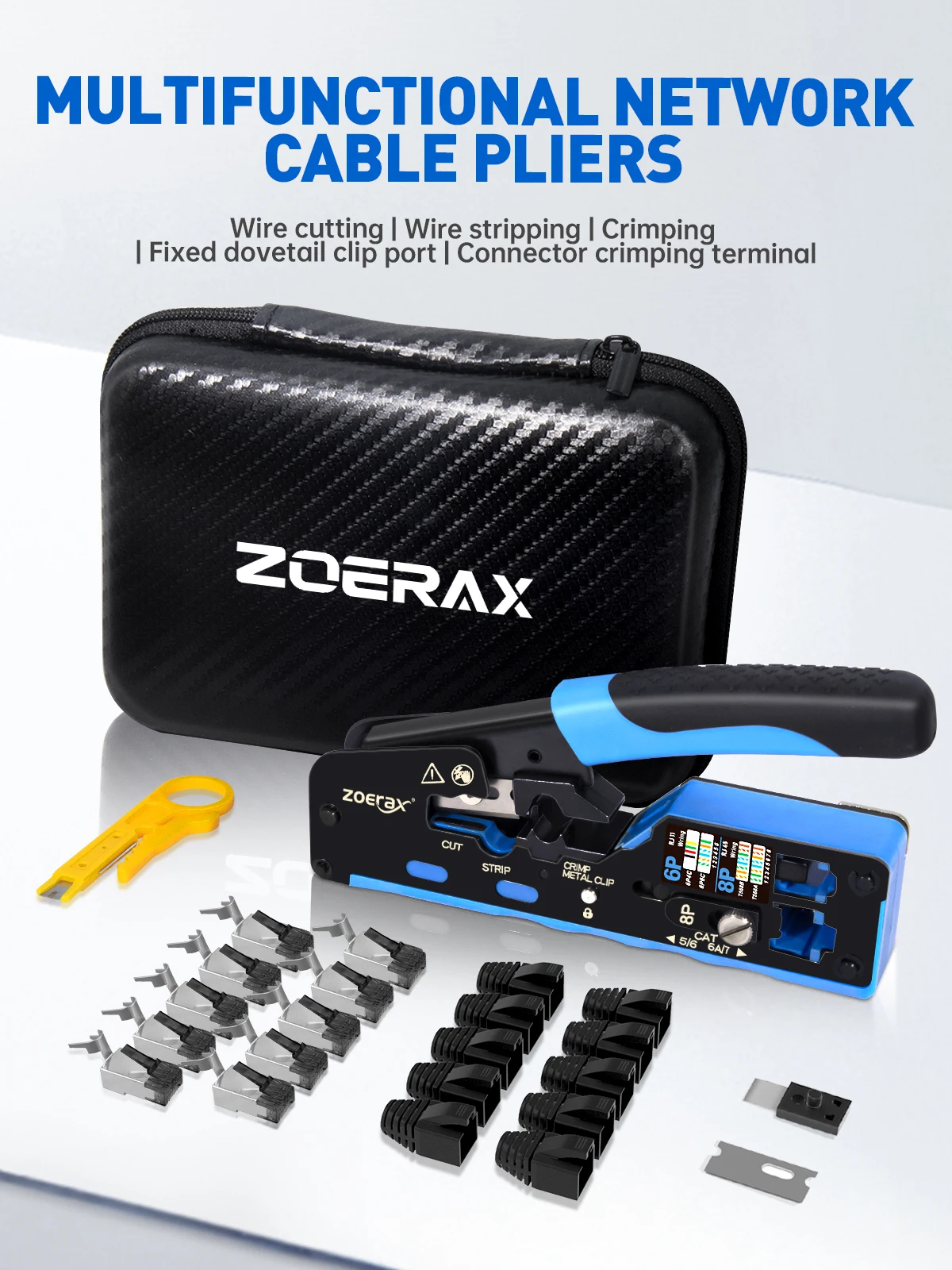 ZoeRax – zestaw narzędzi do pracy z kablami sieciowymi RJ45 CAT7 i CAT6A, 5 w 1, zawierający narzędzie do zaciskania końcówek, miniaturowy obcinak do izolacji przewodów, złącza CAT7, osłonki antyodpadowe i inne akcesoria. — zdjęcie produktu 7