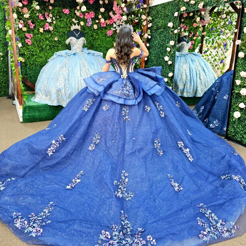 Navy Blue Shiny Quinceanera Dresses Off The Shoulder Applique Lace Beading Crystal Tull Party Birthday Sweet 16 Dress Vestidos