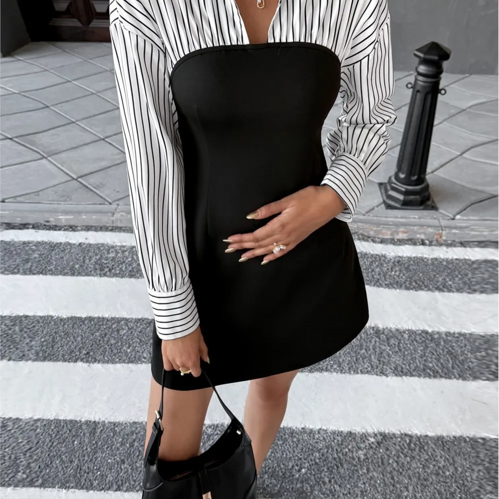 Elegant Commuter Shirt Type Fake Two-piece Striped Patchwork Dress For Women Simple Style Comfortable Temperament Trendy Lapel