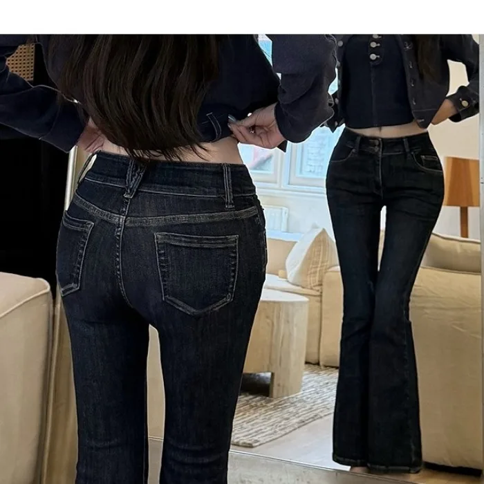 Chic Comfortable Fashionable Bell Bottom Jeans High Elasticity Slimming Lift Butt Denim Long Pants Low Waist Vintage Washed