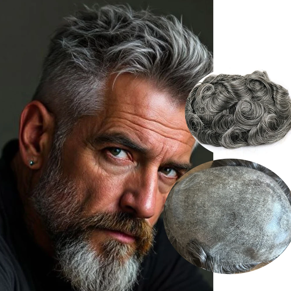 1B80 1B65 Grey Black Brown Blonde European Human Hair Durable Thin 0.1mm Skin Injection PU Toupee for Bald Male Soft Wavy Patch