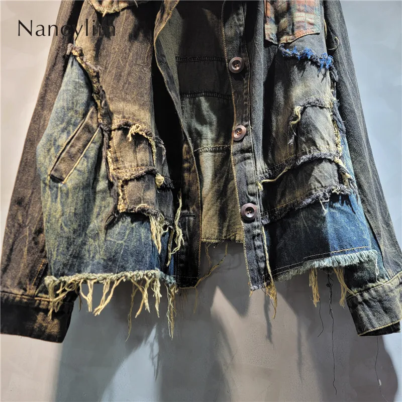 European Style 2024 Autumn New Personalized Design Niche Denim Clothing Women\'s Fur Edge Color Matching Short Coat Loose Jackets