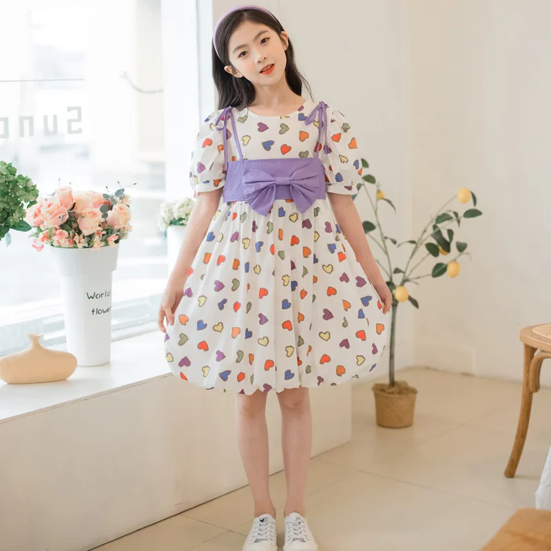 

Summer Children Girl One-piece Dress Teenager Girl Lantern Sleeve Flower Bud Dress School Girl Heart Shaped Bow Princess Dress