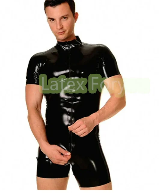 Handmade Natural Latex Short Style Rubber Basic Classic Catsuits Front Long  Zipper to Back Crotch Customized