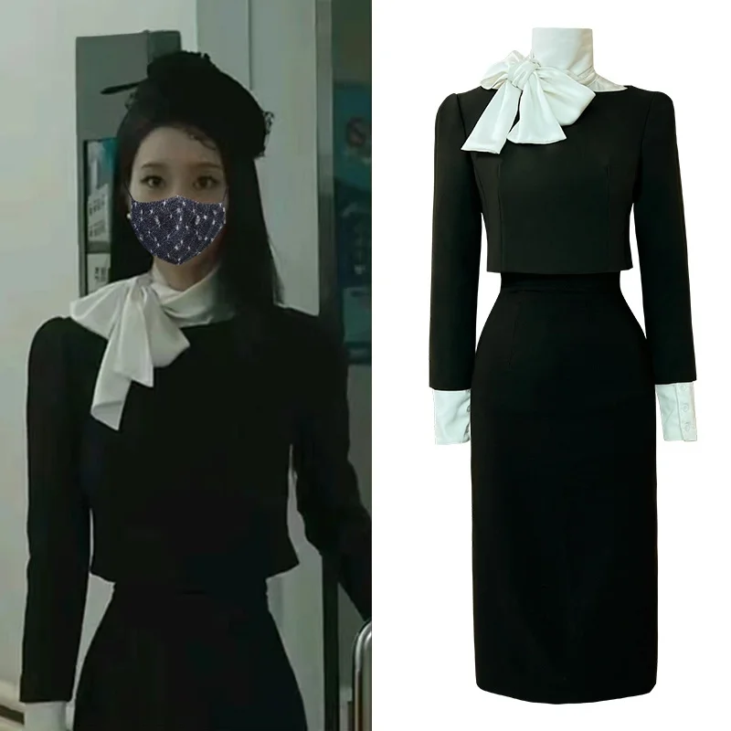 Black Slim Fit Suit Set with  Bow Shirt And Wrap Skirt Simple Elegance for Modern Women Commute Style Long Sleeve ...