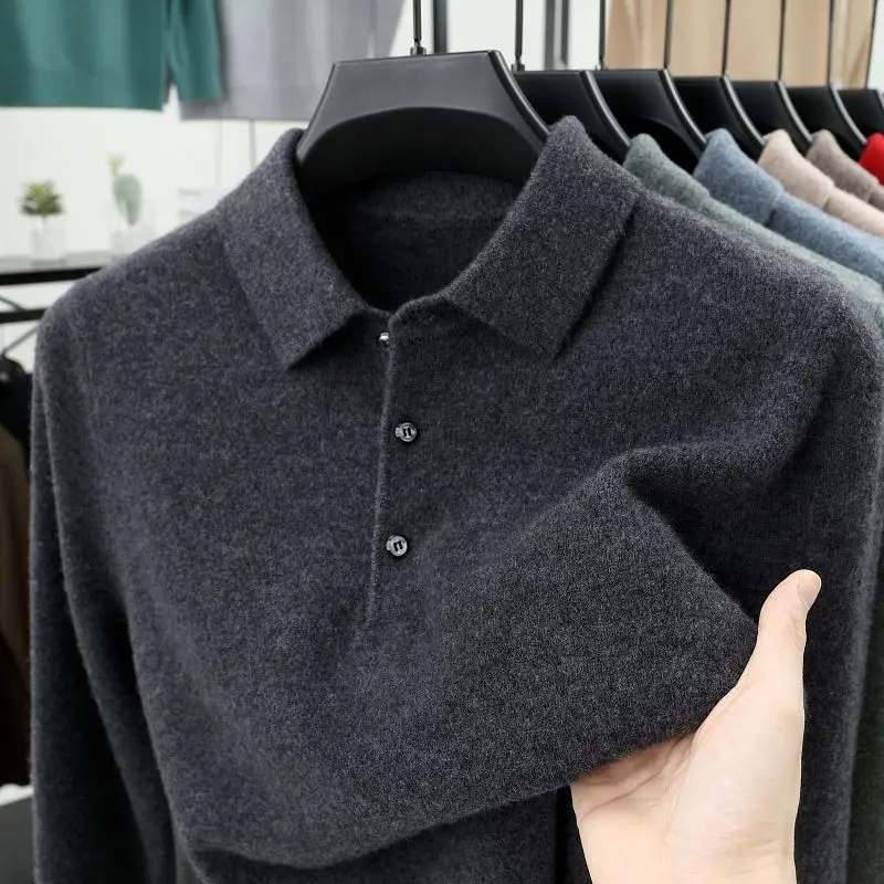 Smart Casual Autumn Winter  Sweater Men Solid Lapel Button Simplicity Fashion Luxury Long Sleeve Pullovers Knitted Tops