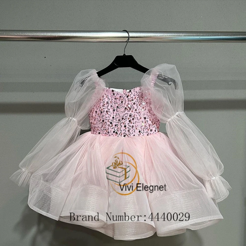 Robe de demoiselle d'honneur à manches longues bouffantes pour filles, tutu trapèze à paillettes, véritable pique-nique, fête de mariage, quelle que soit la nouvelle communion, été 2023