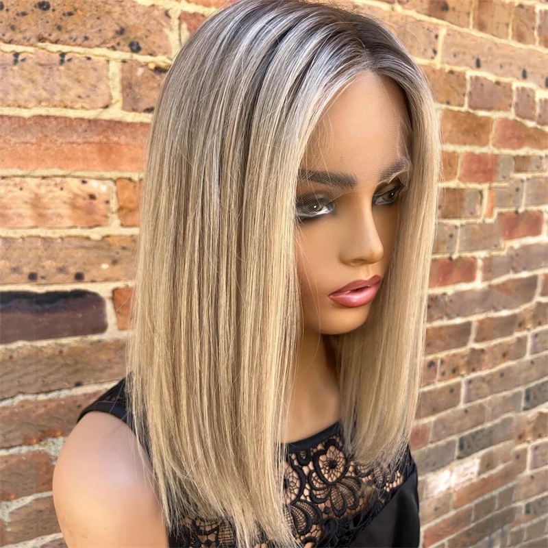 Perruque Lace Front Wig Remy lisse blond platine ombré 13x1, perruque frontale à dentelle transparente HD, délié pré-plumé, 100% cheveux humains