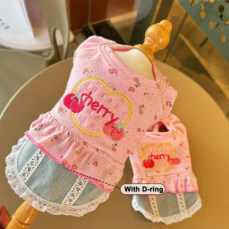 Fashion Cherry Embroidery Dog Dress Sweet Pink Dog Denim Skirt For Small Medium Teddy Females Pet Clothes Outdoor Puppy Outfit