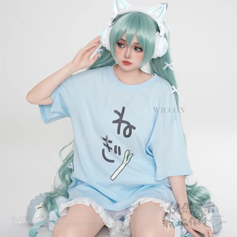 Anime Mikuku Cosplay Kawaii Blue White Full Set Wigs Earphone Coat T-Shirt Dress Socks Roleplay Customized Women Halloween Party - view 6