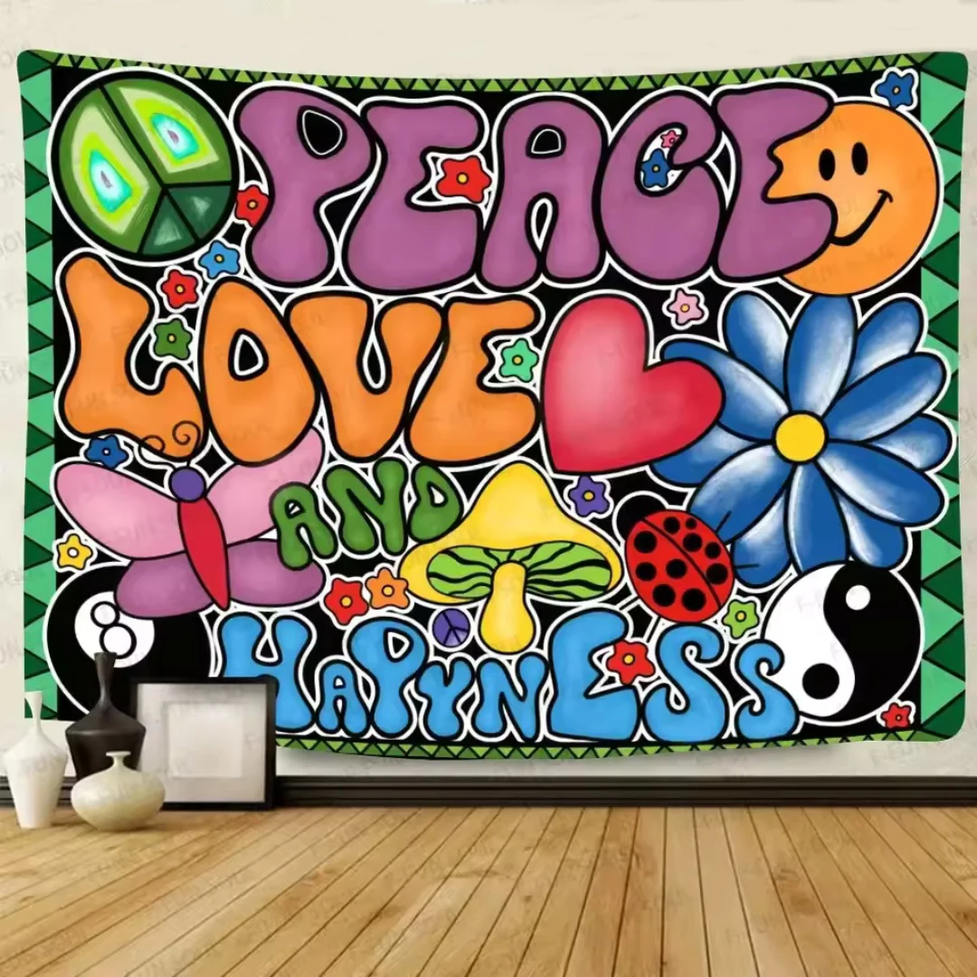 Groovige friedliche Liebe und Glück Wandteppich 70er Jahre Hippie Ästhetischer Wandteppich Schlafzimmer Wandteppich Wohnzimmer Schlafzimmer Dekor