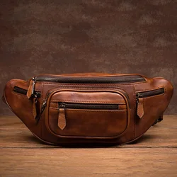 Bolso de pecho de cuero multifuncional para hombres al aire libre, tendencia Retro, bolso de hombro cruzado para deportes de ocio, primer bolso de pecho de cuero