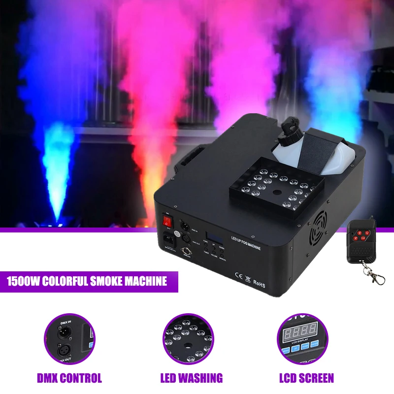 

SUNART 1500W Somke Fog Machine 24*3W RGB Washing LED Stage Effect Lighting DMX Remote Control Co2 Jet Fixture For DJ Disco Party